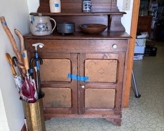 Antique pie safe, various umbrellas & walking canes/sticks, primitives