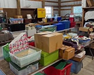 boxes upon boxes of craft/scrapbooking/jewelry making supplies, vintage fabric, yarn, home decor