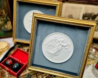 Gilded gold framed Royal Copenhagen bisque dishes