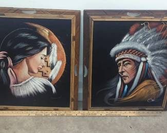 Pair Vintage Velvet Native American Paintings