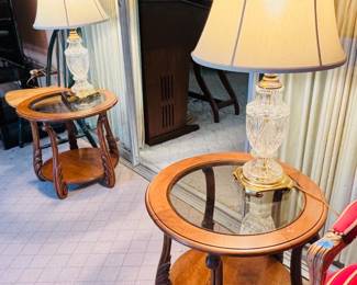 (2) Wood/Glass End Tables & (2) Glass Lamps