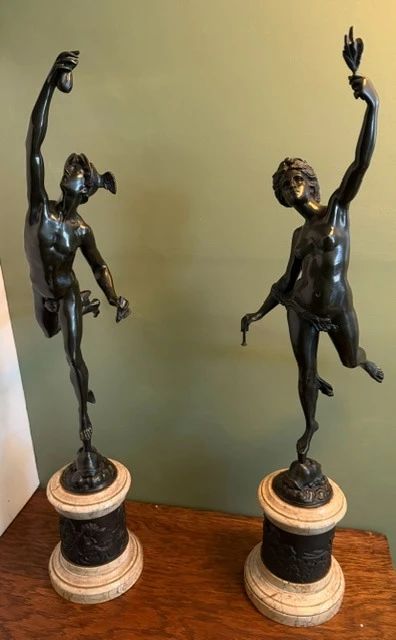 Vintage French bronze sculptures on marble bases. 