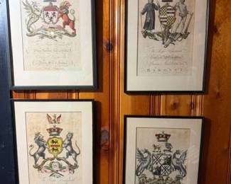 Vintage framed coat of arms art. Engravings. 