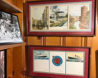 Vintage art European cityscapes.  Cunard Line Steam ships. RMS Queen Mary. 