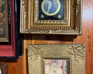 Gold gilt frame. Miniature portrait of gentleman & woman. 