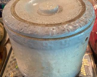 Blue and Grey Stoneware Crock with Good Fortune Symbol