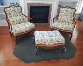 Toile-upholstered Pearson Queen Anne style arm chairs & ottoman