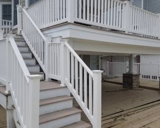 Tan Trex decking; vinyl railing