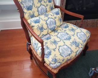 Toile-upholstered Pearson Queen Anne style arm chair detail
