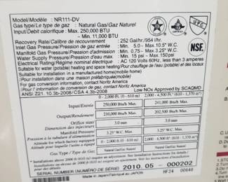 Navien Model NR111-DV gas tankless hot water heater mfg. 5/2010