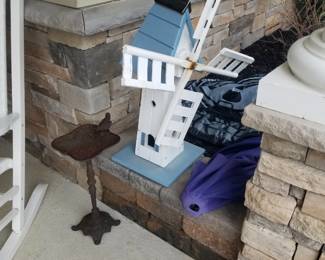 Birdbath; windmill bird house