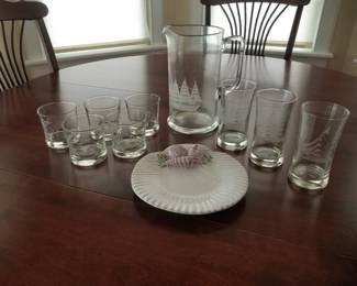 Etched glass pitcher; tumblers & rocks glasses