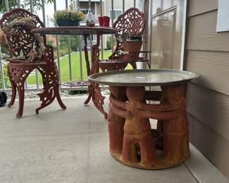 Patio bistro set, Circle of friends table with metal top