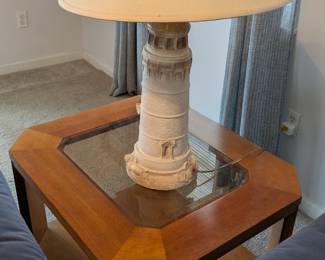 end table and lighthouse lamp