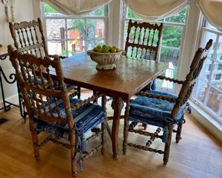 French country parquet drop-leaf table and set of barley twist chairs with Schumacher cushions