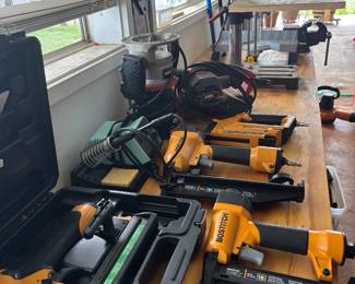 Like new Bostitch tools, Vice, drill press, work bench