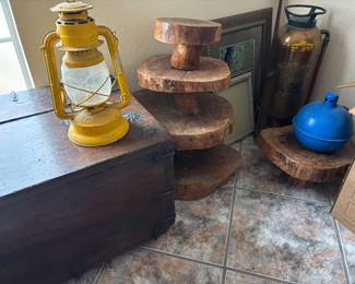Oak stands, hand made Japanese chest, & Antiques
