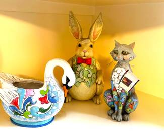 Jim Shore "Heartwood Creek" swan planter (2012), "Aristotle" bunny rabbit and "Conrad the Cat"