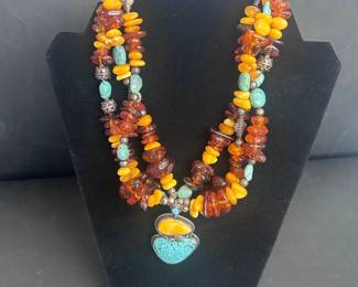 aa MultiStrand Amber  Turquoise Statement Necklace
