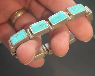 aa Vintage Taxco .950 Silver  Turquoise Link Bracelet