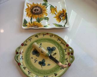 d HandPainted Pottery Cheese Platter and Knife Set 