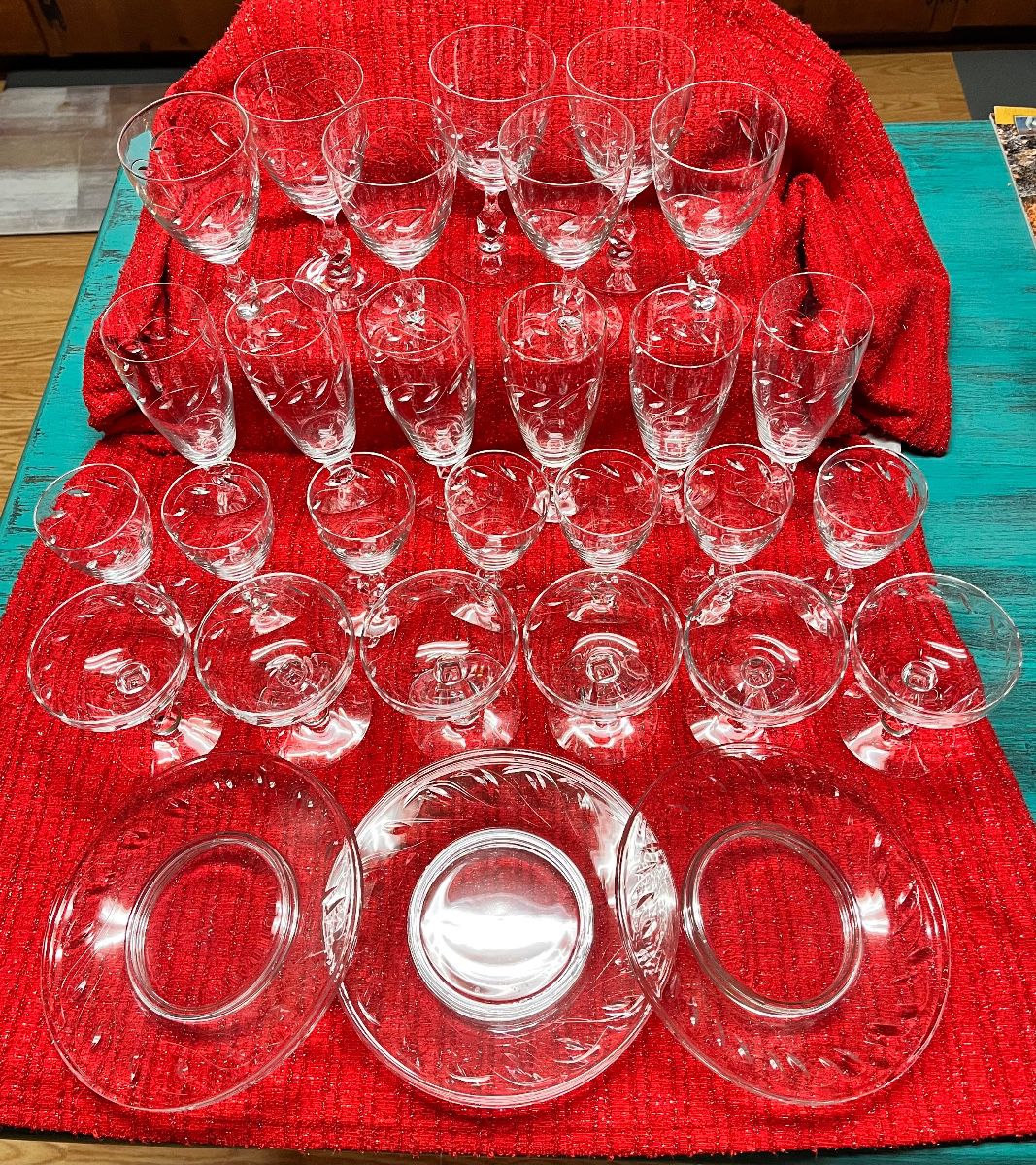 Tiffan-Franciscan Etched Crystal Daphne Collection / Faceted Stem.  1960-67 Discontinued  33 Piece Set for $450