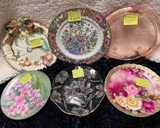 Numerous Collectable Plates including Chinese Famille Rose Medallion Lotus, Fritz & Floyd Woodland Spring, Pink Depression Glass & Mikasa Rosella Fantasy Flower Crystal - Prices as Marked