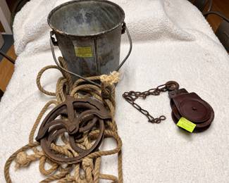 galvanized Water Well Bucket with Pulley and Cast Iron Barn Pulley
