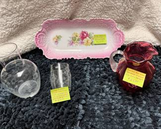 Porcelain Celery Dish with Scalloped Edges - $20   Fenton Glass Cranberry Pitcher - $25   Princess House Heritage Cut Glass Carafe and Cup Nite Set - $25