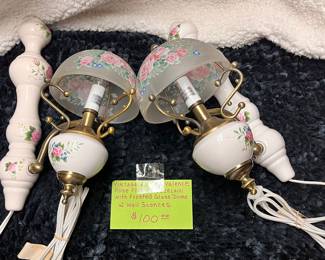 Pair of Vintage Valence Rose Florsl Porcelain Sconces with Frosted Glass Dome  $100