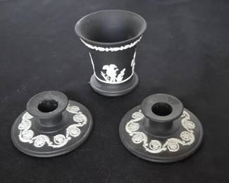 Wedgwood Black Candlesticks And Cup