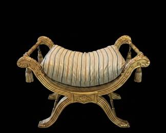 Giltwood Curule Bench with Striped Upholstery