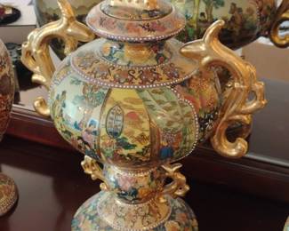Satsuma Porcelain Vase with Gilt Handles and Foo Dog Finial