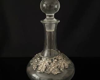 Antique Sterling Silver Overlay Glass Decanter with Grapes and Leaves