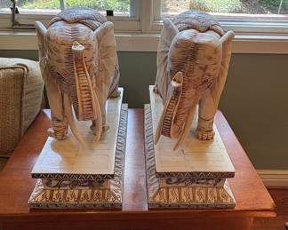 Pair of Antique Chinese Carved Bone Elephants on Pedestals
