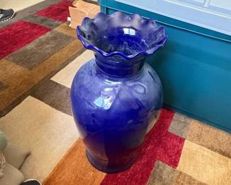 Cobalt Blue Frosted Glass Vase with Ruffled Rim