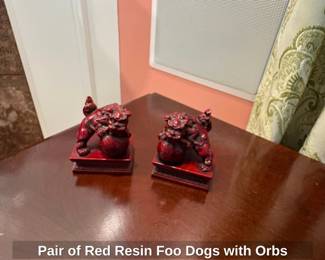 Pair of Red Resin Foo Dogs with Orbs