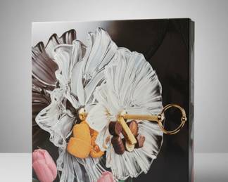 Glass Floral Serving Tray with Gold Handle