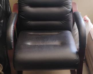 Black Faux Leather Guest Chair with Wood Trim