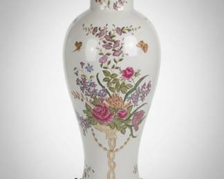 Large Porcelain Vase with Floral Motif and Gilded Metal Accents