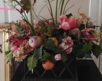 Artificial Floral and Fruit Arrangement in Decorative Basket