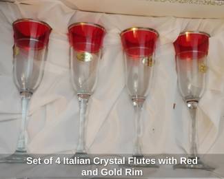 Set of Italian Crystal Flutes with Red and Gold Rim