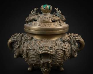 Antique Bronze Dragon Censer with Jade Finial