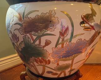 Vintage Chinese Export Porcelain Fish Bowl with Lotus and Bird Motif on Carved Wooden Stand