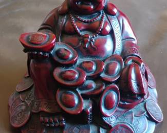 Red Resin Laughing Buddha Figurine with Ingots and Coins