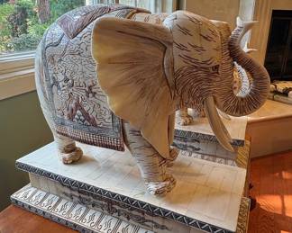Pair of Antique Chinese Carved Bone Elephants on Pedestals