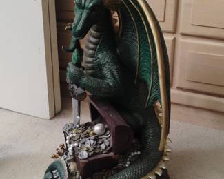 Green Dragon Guardian Statue with Treasure Chest