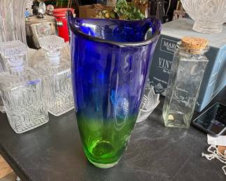 Mouth Blown Blue and Green Ombre Art Glass Vase