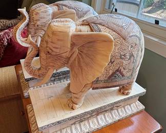 Pair of Antique Chinese Carved Bone Elephants on Pedestals