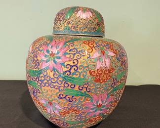 Antique Chinese Cloisonné Ginger Jar with Lotus and Scroll Motifs